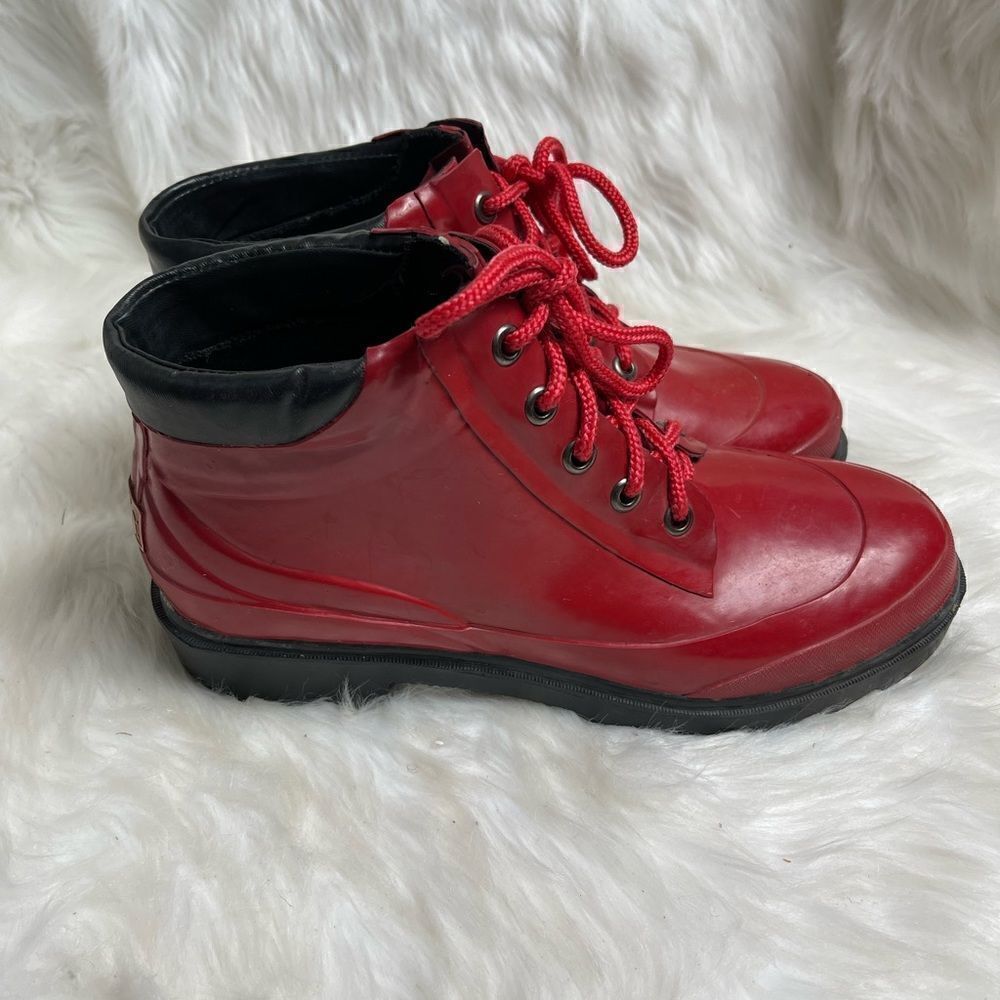 Nine & CO Men red rubber lace up boots with black trim and rubber soles …